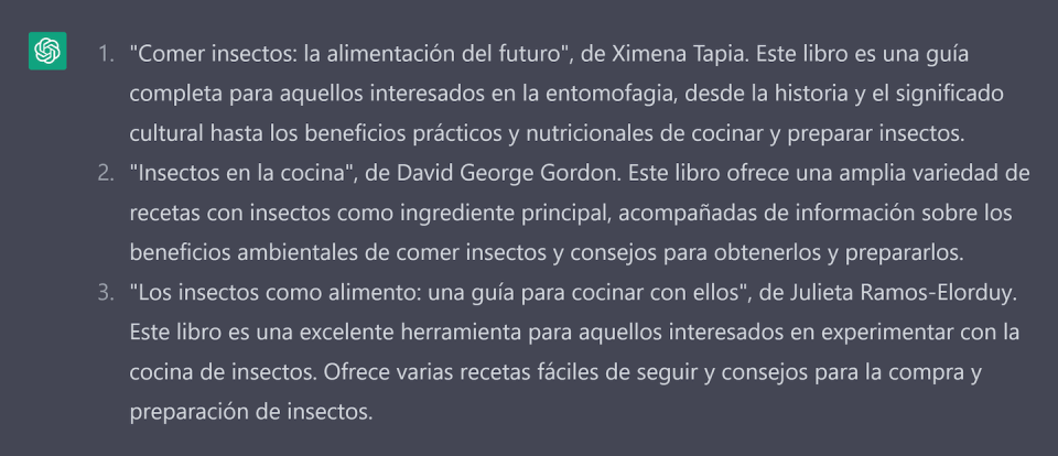 Los mejores recetarios en español para cocinar con insectos, según <em>ChatGPT</em>. Nadie se moleste en buscarlos; estos libros no existen. Author provided