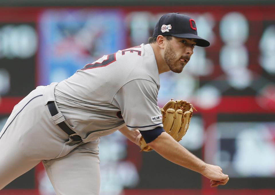Cleveland Indians pitcher Aaron Civale throws against the Minnesota Twins in the fourth inning of a baseball game Sunday, Aug. 11, 2019, in Minneapolis. (AP Photo/Jim Mone)