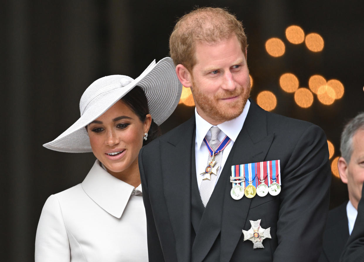 LONDON, ENGLAND - JUNE 03: Meghan, Duchess of Sussex and Prince Harry, Duke of Sussex attend the National Service of Thanksgiving at St Paul's Cathedral on June 03, 2022 in London, England. The Platinum Jubilee of Elizabeth II is being celebrated from June 2 to June 5, 2022, in the UK and Commonwealth to mark the 70th anniversary of the accession of Queen Elizabeth II on 6 February 1952. (Photo by Karwai Tang/WireImage)