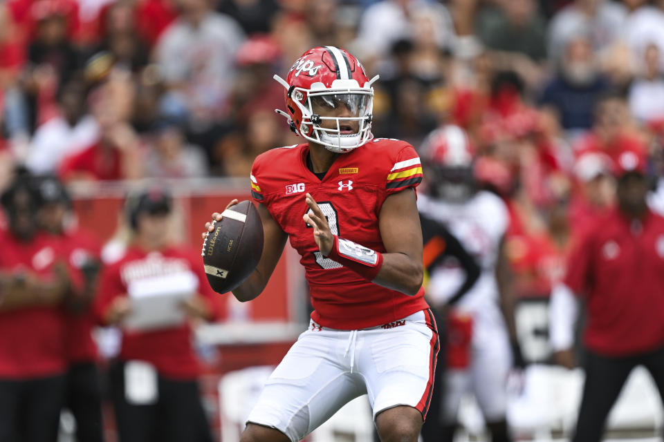 Maryland quarterback Taulia Tagovailoa looks to pass the ball during the first half of an NCAA college football game against Indiana, Saturday, Sept. 30, 2023, in College Park, Md. (AP Photo/Terrance Williams)