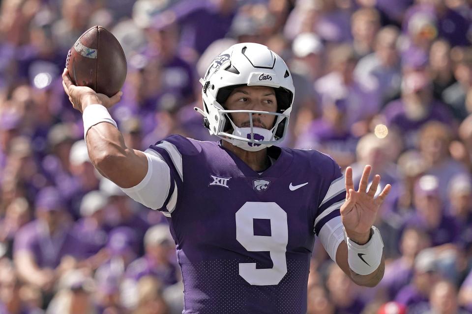 Kansas State quarterback Adrian Martinez was named the Big 12 offensive player of the week after he accounted for five touchdowns in an upset of Oklahoma. The Wildcats host Texas Tech on Saturday