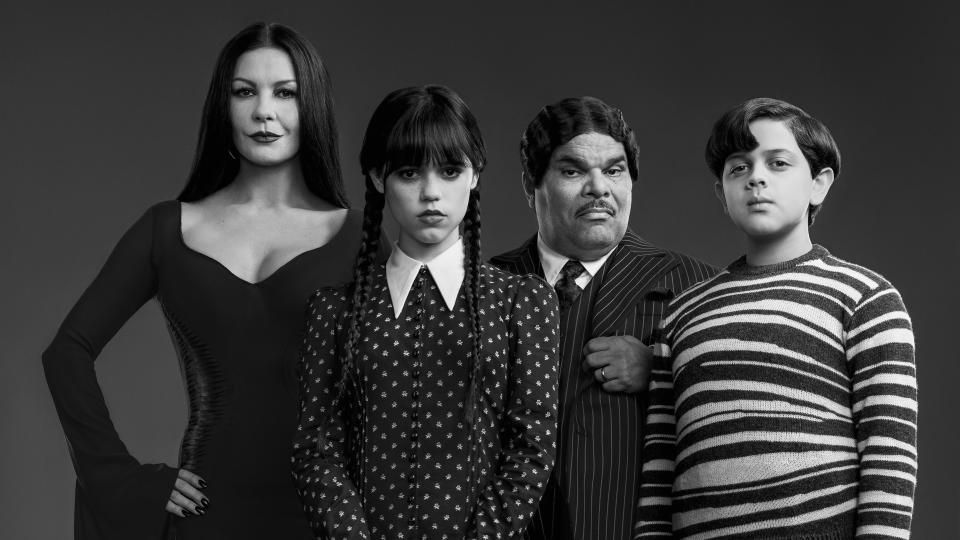 A black and white screenshot of the first image of the Addams Family for Netflix's Wednesday Addams TV show