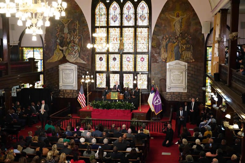 U.S President Joe Biden delivers remarks at the Mother Emanuel AME Church in Charleston, S.C., on Monday. Mother Emanuel African Methodist Episcopal Church is the site where nine Black parishioners were gunned down by a white supremacist nearly nine years ago. Photo by Richard Ellis/UPI