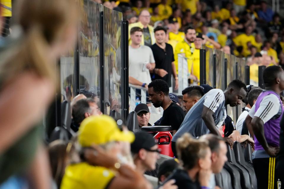 Jul 8, 2023; Columbus, Ohio, USA;  Columbus Crew head coach Wilfried Nancy leaves the game after being assessed a red card during the second half of the MLS soccer match against the New York City FC at Lower.com Field. The Crew tied 1-1.