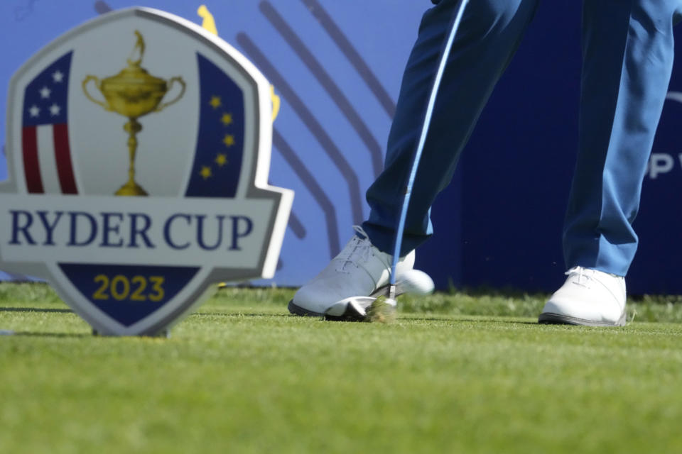 Europe's Shane Lowry plays his tee shot on the 16th hole during practice round ahead of the Ryder Cup at the Marco Simone Golf Club in Guidonia Montecelio, Italy, Tuesday, Sept. 26, 2023. The Ryder Cup starts Sept. 29, at the Marco Simone Golf Club. (AP Photo/Andrew Medichini)