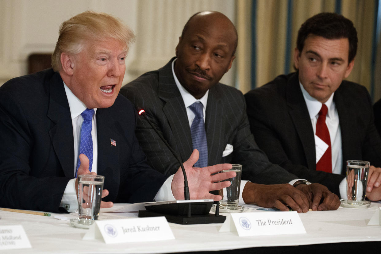 President Trump publicly called out Merck CEO Kenneth Frazier for high drug prices after he resigned from the President’s American Manufacturing Council (AP Photo/Evan Vucci)