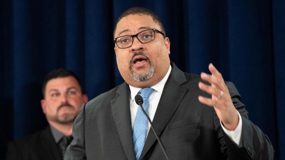 PHOTO: Manhattan District Attorney Alvin Bragg speaks during a news conference, March 7, 2024, in New York.  (Barry Williams/New York Daily News/Tribune News Service via Getty Images)