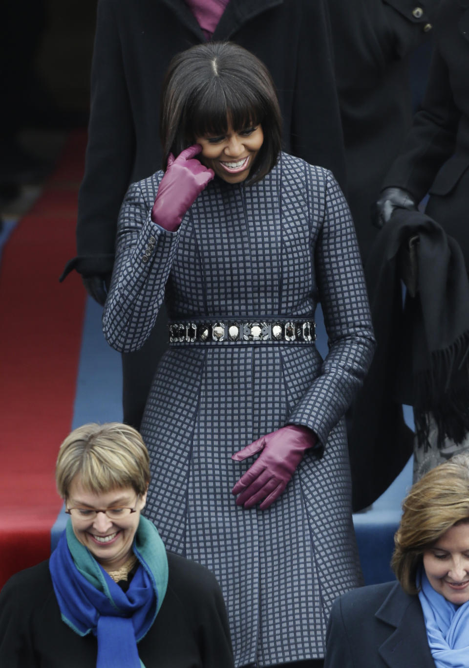 First lady Michelle Obama arrives at the ceremonial swearing-in of President Barack Obama at the U.S. Capitol during the 57th Presidential Inauguration in Washington, Monday, Jan. 21, 2013. (AP Photo/Pablo Martinez Monsivais)