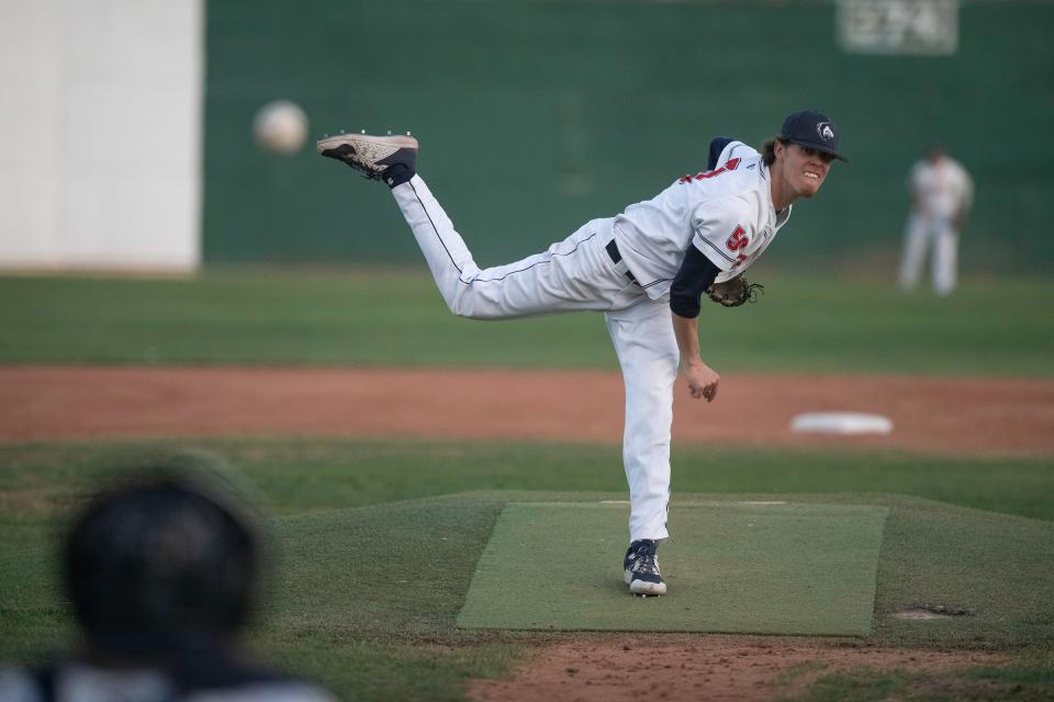 Colorado State University Pueblo's Tim McIntyre fires off a pitch during the Pack the Park game against the University of Colorado-Colorado Springs at the Runyon Sports Complex on Friday, April 29, 2022.