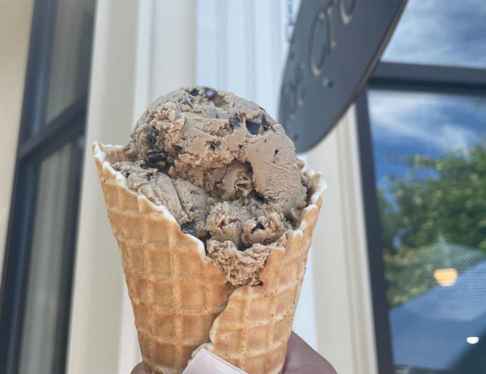 A waffle cone of cappuccino chip ice cream of Edaleen Dairy in Bellingham, Wash. on Aug. 4, 2023.