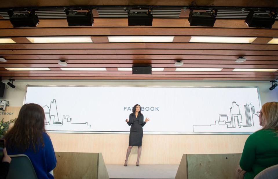 Sheryl Sandberg speaks during a press conference in London in 2020.