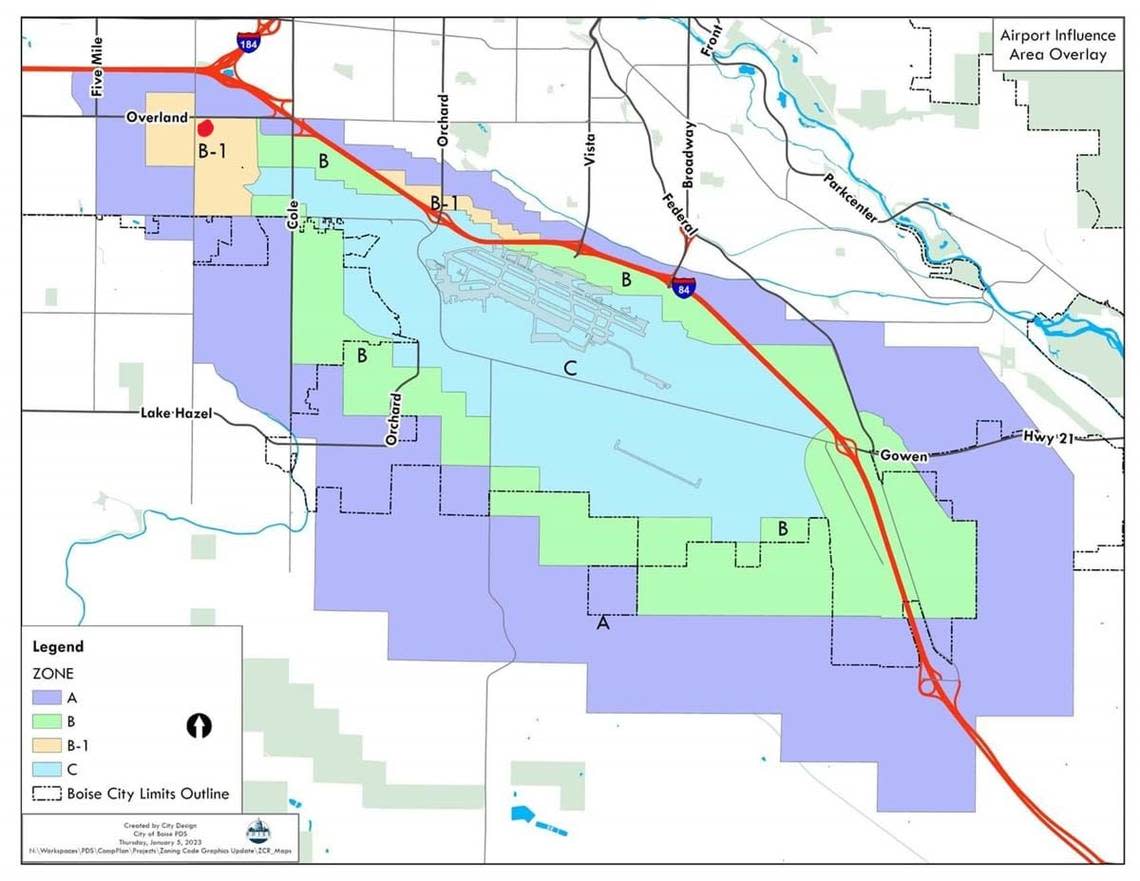 The proposed 174-unit apartment complex at 1770 S. Maple Grove Road from Boise’s Hawkins Cos. falls within the Boise Airport’s influence area, as shown in this map. The dot at the top left of the map is where Hawkins proposed the development, within the airport’s B-1 zone.