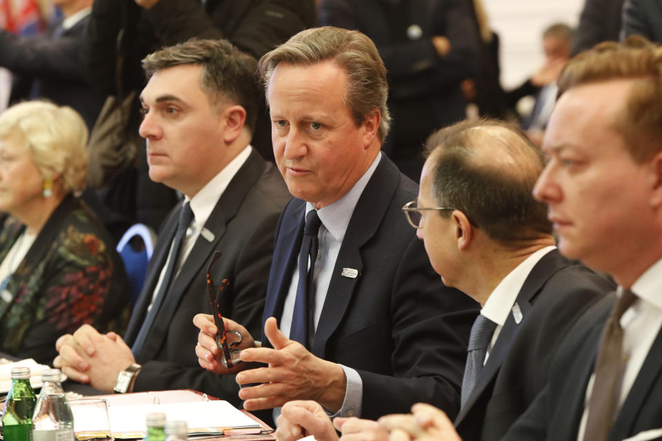 British Foreign Secretary David Cameron, center, attends a meeting with foreign ministers and officials of OSCE (Organization for Security and Co-operation in Europe) member countries in Skopje, North Macedonia, on Wednesday, Nov. 29, 2023. (AP Photo/Boris Grdanoski)