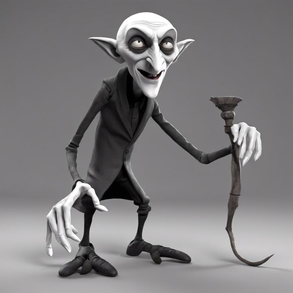 Animated character resembling an elderly man with pointy ears and a cane from a children's movie