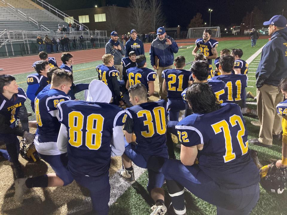 Tioga coach Nick Aiello breaks it down after 50-12 Class D state quarterfinal win against Dolgeville, Nov. 19, 2021 at Vestal.