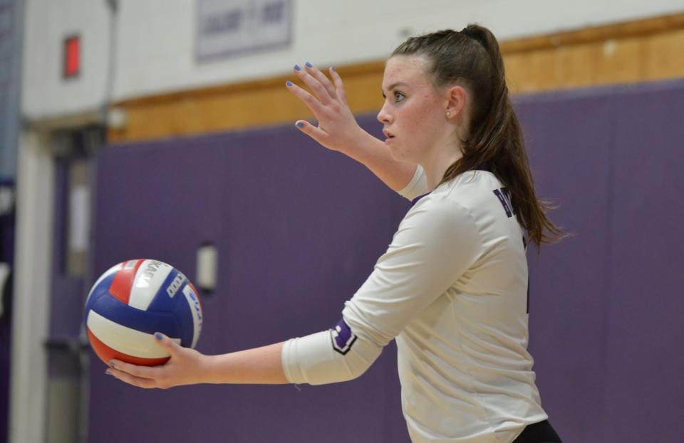 Bourne's Lily Russell prepares for a first period serve. Bourne High School hosted Whitinsville Christian School in Division 5 girls volleyball action Thursday night.