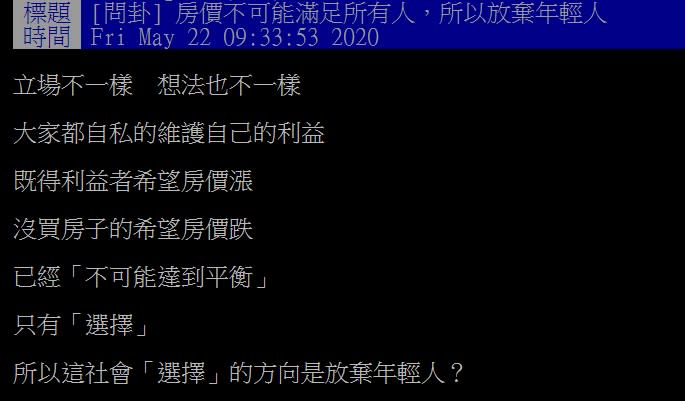 有網友發文表示，「房價不可能滿足所有人，所以放棄年輕人」，引起討論。（圖／翻攝自PTT）