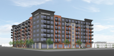A rendering of the building proposed for a block between Shrewsbury and Albany streets in Worcester.