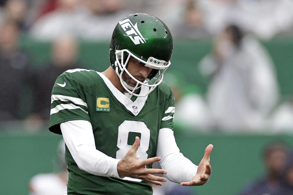 New York Jets quarterback Aaron Rodgers (8) reacts during an NFL football game against the Denver Broncos Sunday, Sept. 29, 2024, in East Rutherford, N.J. (AP Photo/Adam Hunger)