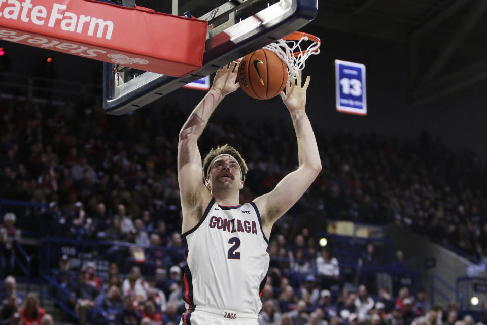 Gonzaga forward Drew Timme dunks during the first half of a college basketball game against Eastern Oregon, Wednesday, Dec. 28, 2022, in Spokane, Wash. (AP Photo/Young Kwak)
