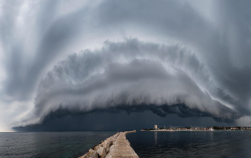 A shelf cloud drapes itself across Umag in Croatia