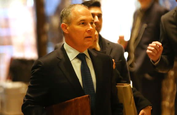 Trump's pick to head the EPA, Oklahoma Attorney General Scott Pruitt, calls himself a "leading advocate" against the agency's climate policies. In this picture, Pruitt arrives at Trump Tower in New York on Dec.7, 2016.