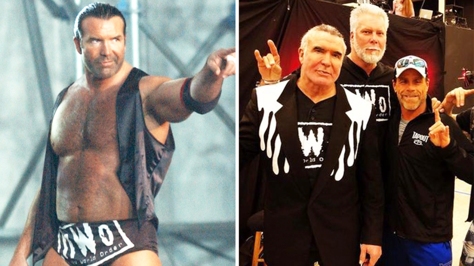 WWE wrestler Scott Hall (pictured far left) making his entry and (pictured right) Scott Hall, Kevin Nash and Shawn Michaels posing for a photo.