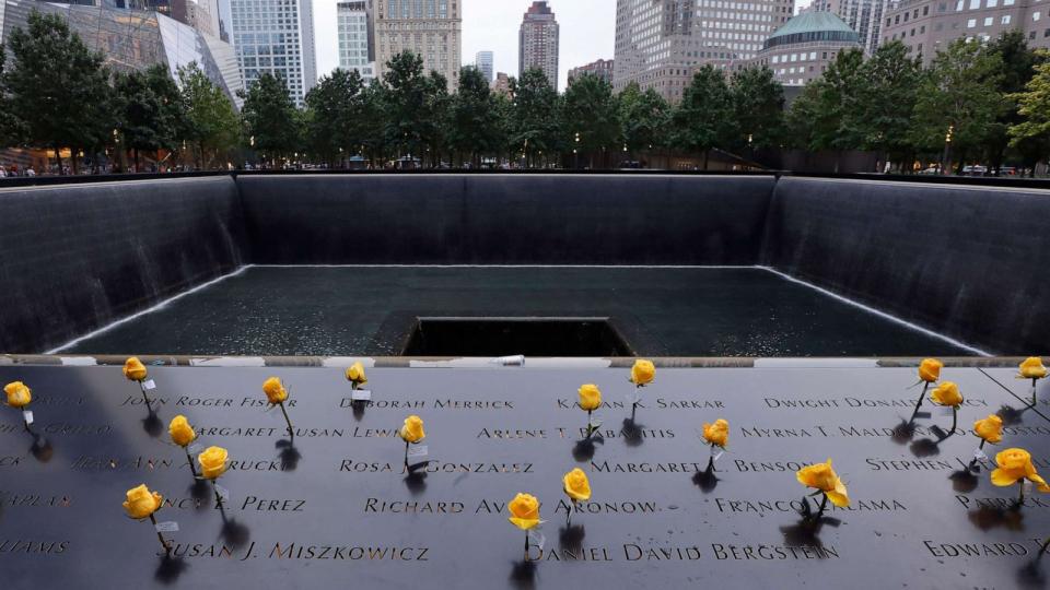 PHOTO: Roses stand on the National September 11 Memorial ahead of the 22nd anniversary of the 9/11 attacks, Sept. 7, 2023, in New York City. (Gary Hershorn/ABC News)