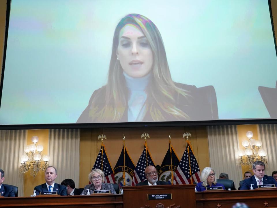 A video of Hope Hicks testifying is played by the House Select Committee on the January 6 Attack at its final session on Capitol Hill on 19 December 2022 (AP)