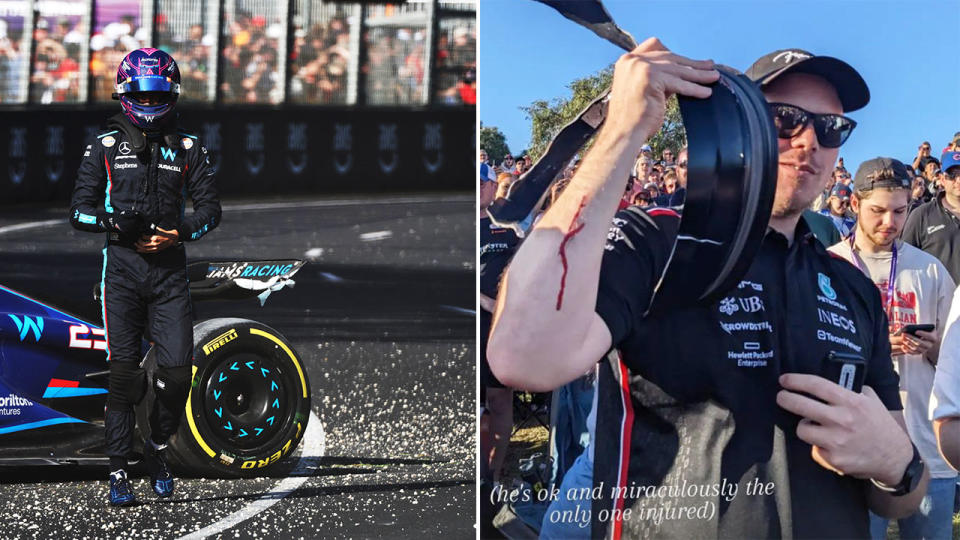 One supporter at the Australian GP was left with a cut on his arm from flying debris caused by a crash in Sunday's chaotic race. Pic: Getty/Instagram