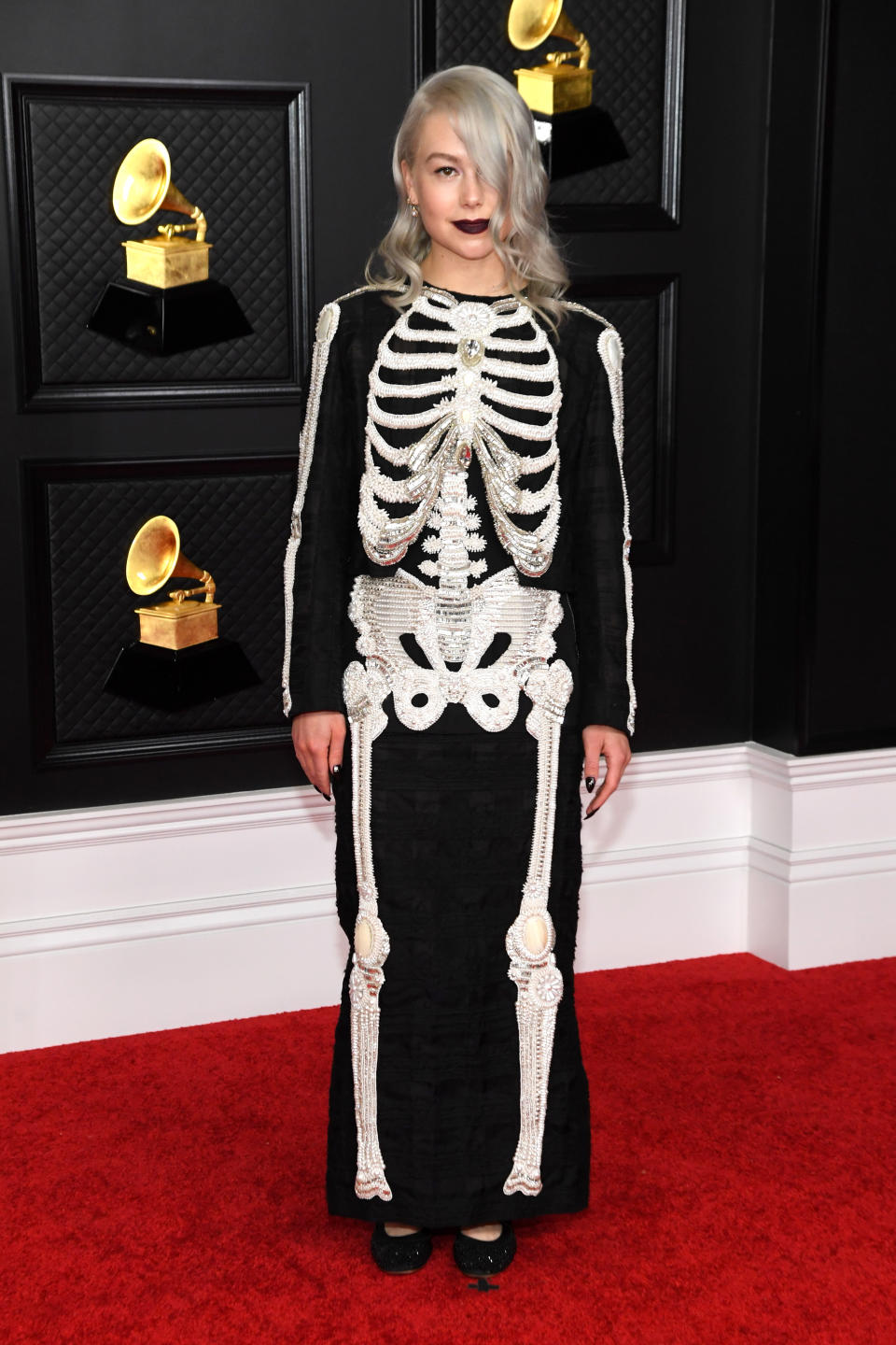 Phoebe Bridgers, first Grammys, red carpet 2021, then and now, thom browne skeleton dress