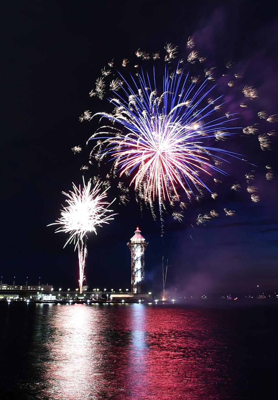 A fireworks display illuminates the Bicentennial Tower in Erie on July 3, 2021 during the Lights over Lake Erie event.