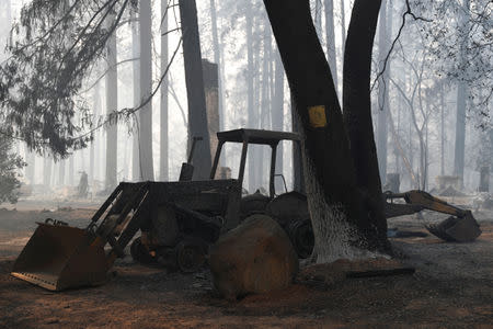 A burned out bulldozer destroyed by the Camp Fire is seen in Paradise, California, U.S. November 10, 2018. REUTERS/Stephen Lam