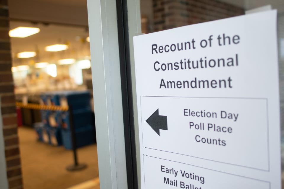 Signage directs those wishing to watch the recount of the constitutional amendment at the Shawnee County Election Office on Wednesday.