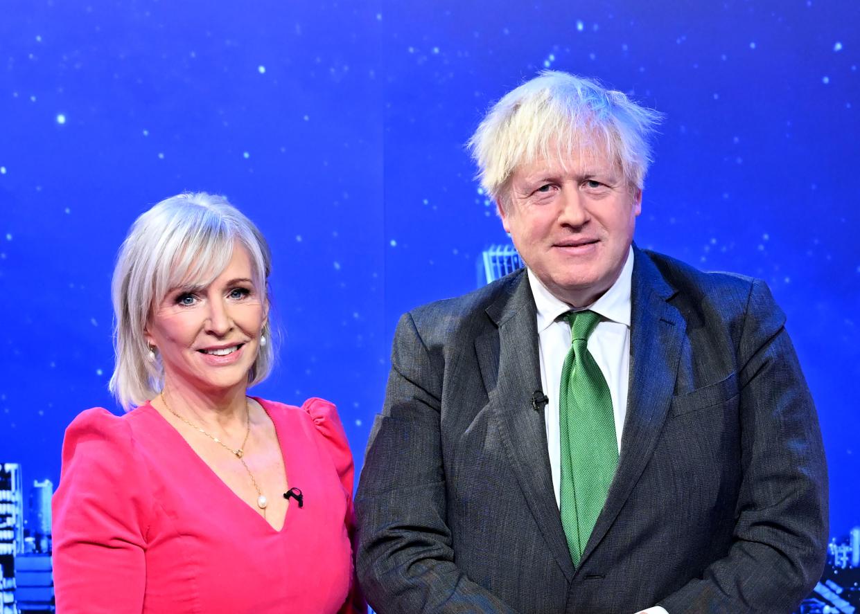 Nadine Dorries and Boris Johnson on the set of her TalkTV show 'Friday Night With Nadine'. (PA)