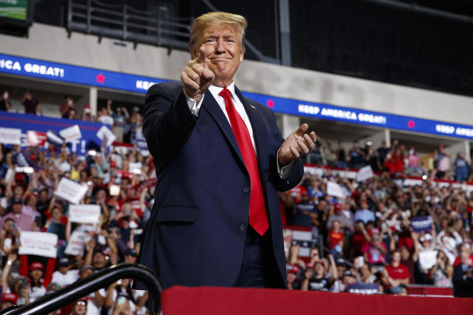 President Donald Trump arrives to speak at a campaign rally at the Santa Ana Star Center, Monday, Sept. 16, 2019, in Rio Rancho, N.M. (AP Photo/Evan Vucci)