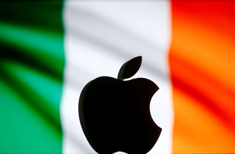 FILE PHOTO: A 3D printed Apple logo is seen in front of a displayed Irish flag in this illustration