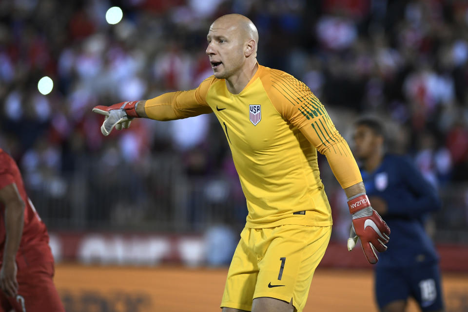 United States goalkeeper Brad Guzan (1) gestures to his teammates during the first half of an international friendly soccer match against Peru in East Hartford, Conn., Tuesday, Oct. 16, 2018. (AP Photo/Jessica Hill)
