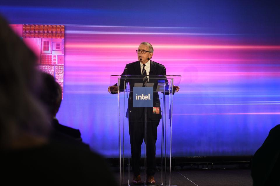 Ohio Gov. Mike DeWine speaks at Columbus State Community College on March 17, 2022, during an announcement detailing Intel's plans to invest $50 million in grant funding directly to Ohio colleges and universities in the next decade.