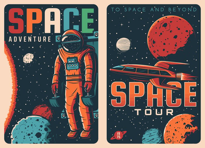 Space exploration advertising posters.