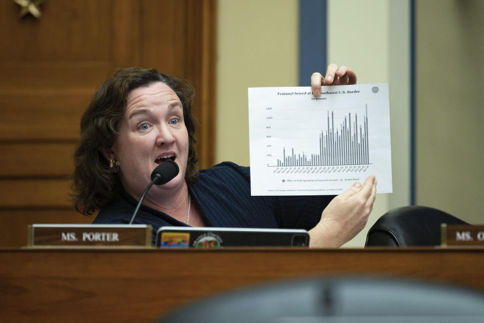 FILE - Rep. Katie Porter, D-Calif., asks questions during a hearing, Feb. 7, 2023, in Washington. Porter built a social media reputation by wielding a white board at congressional hearings, and that helped propelled her campaign for the Senate. But on Super Tuesday, the numbers didn't add up for her in the primary and she'll be out of a job in Washington come January. (AP Photo/Kevin Wolf)