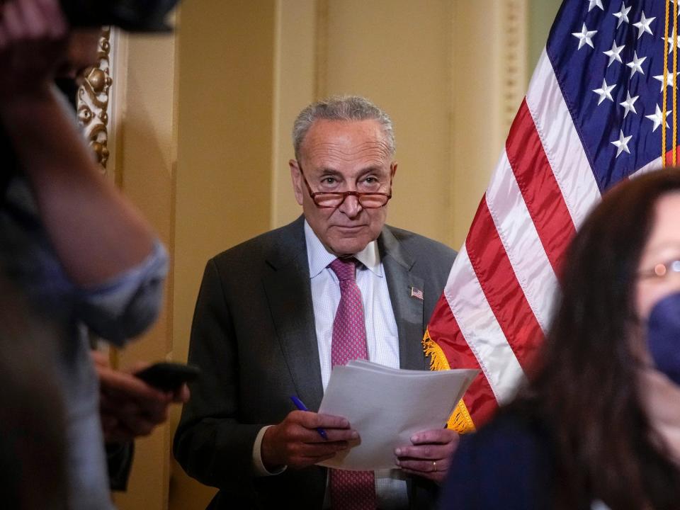 Senate Majority Leader Chuck Schumer at his weekly press conference on May 25.