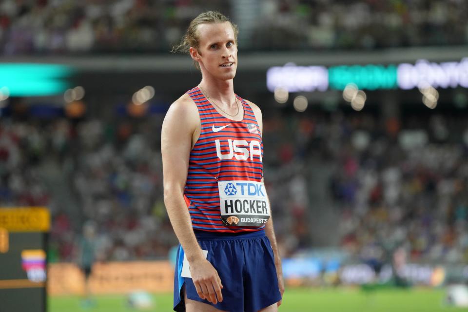 Cole Hocker reacts after finishing seventh in the men's 1,500 meters during the 2023 World Athletics Championships at National Athletics Centre.