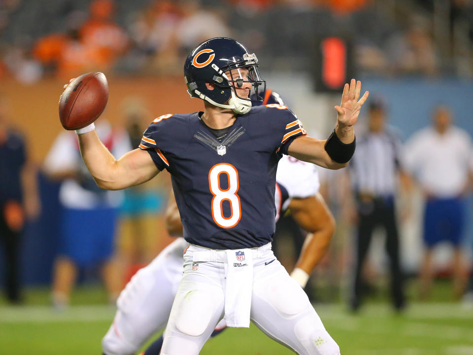 Aug 11, 2016; Chicago, IL, USA; Chicago Bears quarterback Connor Shaw (8) throws a pass during the second half against the <a class="link " href="https://sports.yahoo.com/nfl/teams/denver/" data-i13n="sec:content-canvas;subsec:anchor_text;elm:context_link" data-ylk="slk:Denver Broncos;sec:content-canvas;subsec:anchor_text;elm:context_link;itc:0">Denver Broncos</a> at Soldier Field. Denver won 22-0. Mandatory Credit: Dennis Wierzbicki-USA TODAY Sports