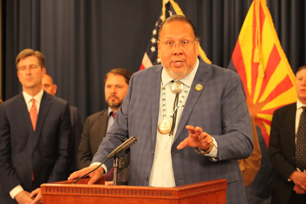 Gila River Indian Community Governor Stephen Roe Lewis at a press conference in Phoenix announcing a $233 million investment in conservation projects. (Photo: Darren Thompson for Native News)