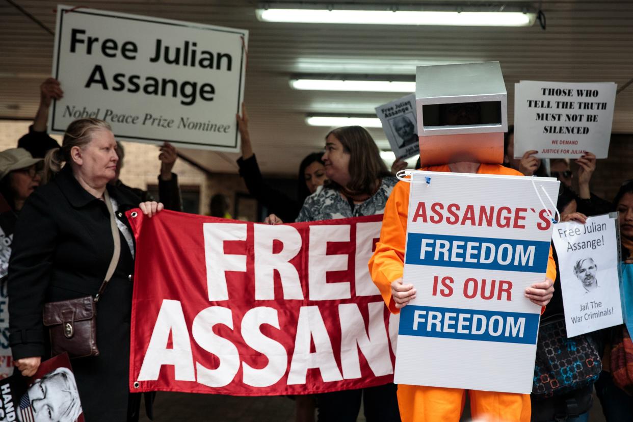 Protesters demonstrate in support of Wikileaks Founder Julian Assange outside Southwark Crown Court where he was sentenced on May 1, 2019 in London, England.