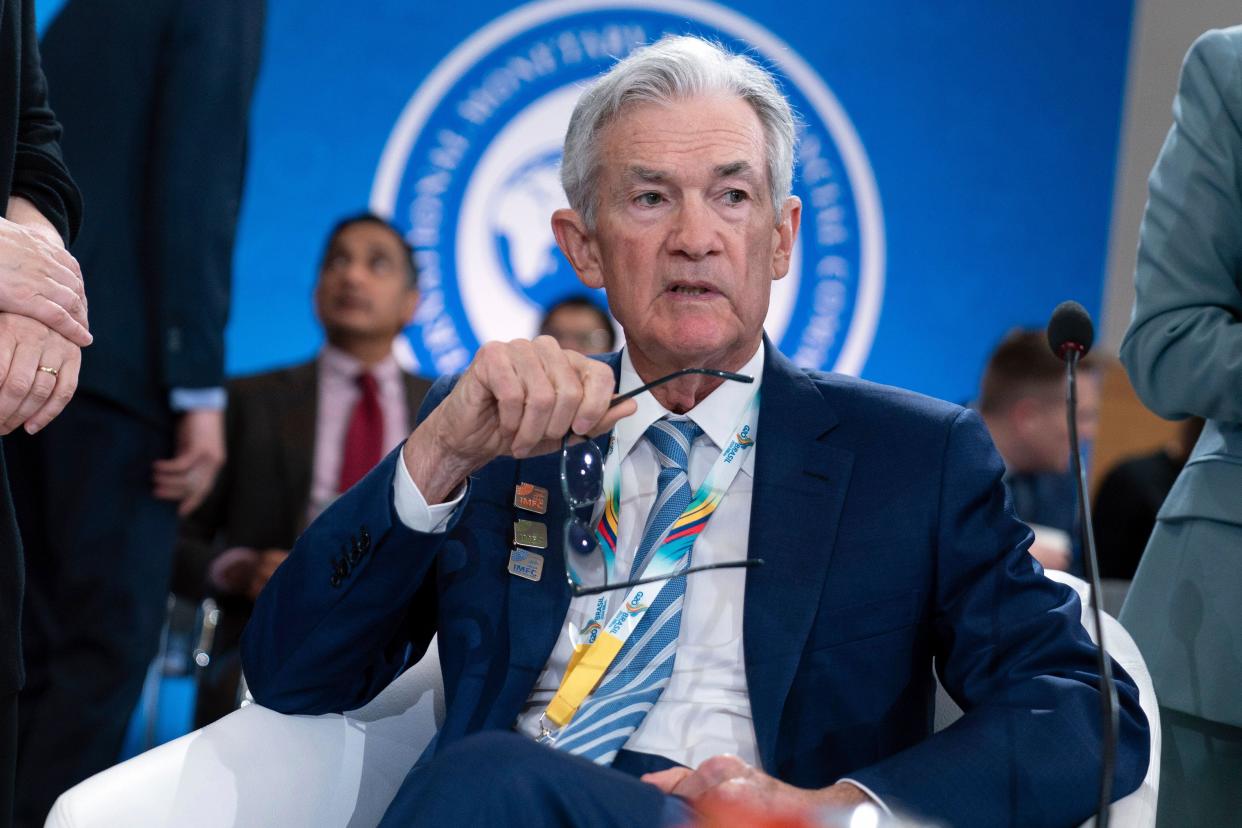 Federal Reserve Chair Jerome Powell arrives for the plenary session of the International Monetary and Financial Committee (IMFC) meeting, during the World Bank/IMF Spring Meetings at the International Monetary Fund (IMF) headquarters in Washington, Friday, April 19, 2024. (AP Photo/Jose Luis Magana)