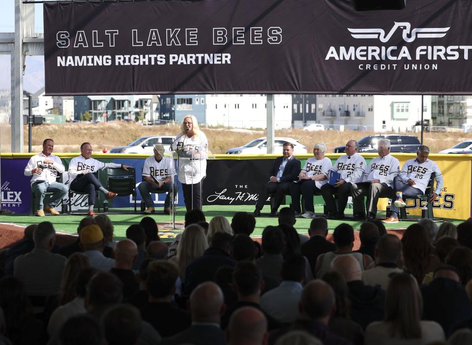 South Jordan Mayor Dawn Ramsey speaks at the celebration and groundbreaking event for the new Salt Lake Bees ballpark and Phase 1 of Downtown Daybreak in South Jordan on Thursday, Oct. 19, 2023. | Laura Seitz, Deseret News