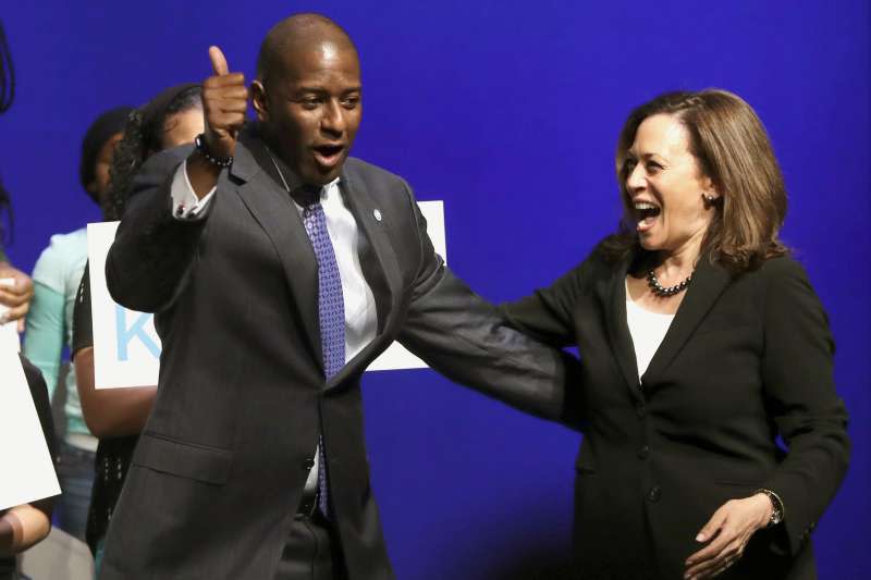 加州聯邦參議員賀錦麗（Kamala Harris）與佛羅里達州長候選人吉倫（Andrew Gillum）（AP）