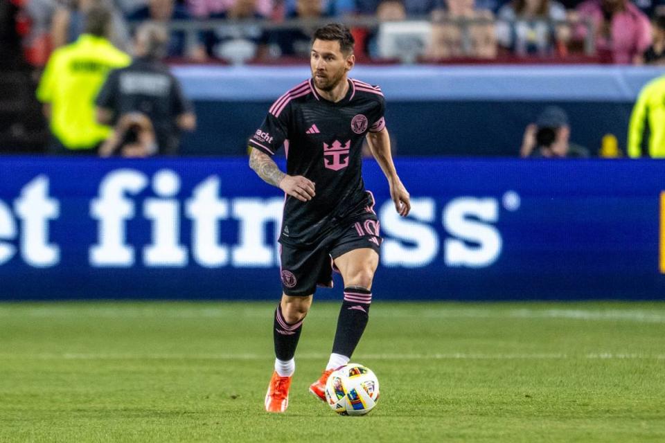 Inter Miami forward Lionel Messi (10) searches for an open teammate to pass the ball to in the first half during an MLS game against Sporting Kansas City at GEHA Field at Arrowhead Stadium on Saturday, April 13, 2024, in Kansas City.